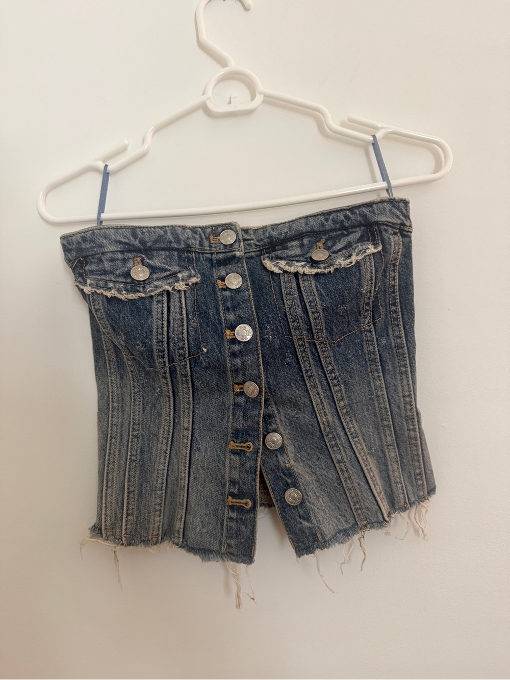 Zara Dark Blue Distressed Button-Front Denim Bustier Shorts
